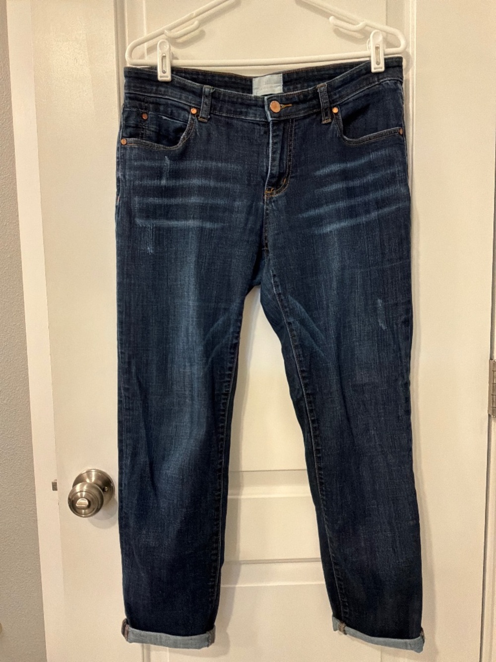 Caslon Dark Wash Distressed Boyfriend Jeans, GUC